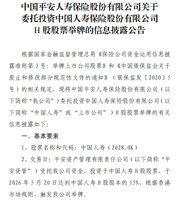 持股15%!平安人寿第三次举牌中国人寿H股