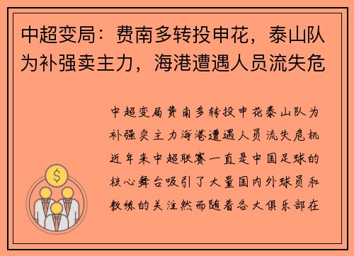 中超变局:费南多转投申花,泰山队为补强卖主力,海港遭遇人员流失危机