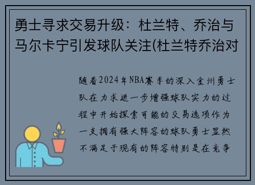勇士寻求交易升级:杜兰特、乔治与马尔卡宁引发球队关注(杜兰特乔治对比)