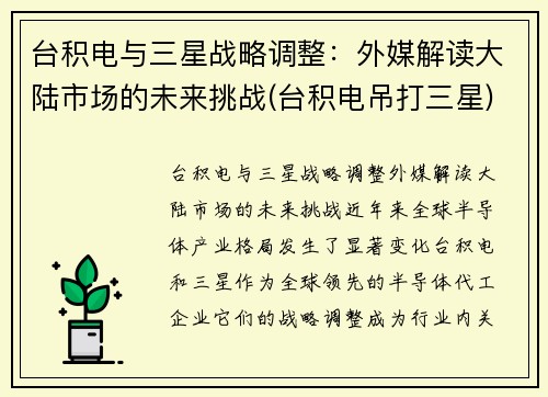 台积电与三星战略调整:外媒解读大陆市场的未来挑战(台积电吊打三星)