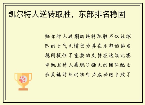 凯尔特人逆转取胜,东部排名稳固