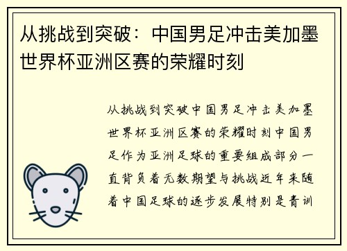 从挑战到突破:中国男足冲击美加墨世界杯亚洲区赛的荣耀时刻