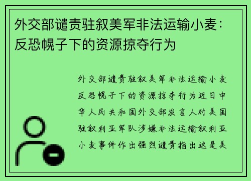 外交部谴责驻叙美军非法运输小麦：反恐幌子下的资源掠夺行为